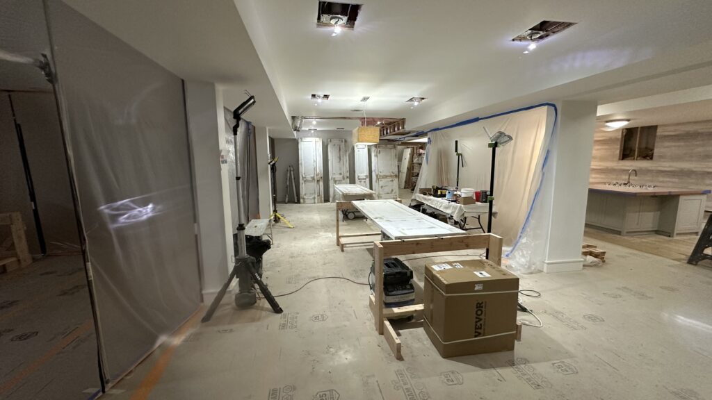 Setting up shop for door prep Recent Project. We are preping 70 doors to be sprayed in high gloss, house in the Hamptons